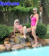Hot blondes by the poolside Alysha and Mrs Siren fist each